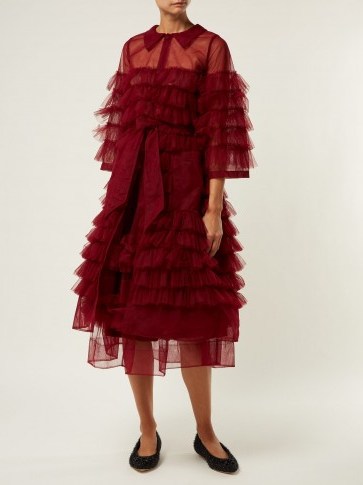MOLLY GODDARD Kizzy ruffled burgundy tulle coat ~ dark-red statement coats ~ feminine style clothing - flipped