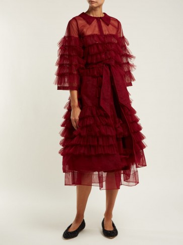 MOLLY GODDARD Kizzy ruffled burgundy tulle coat ~ dark-red statement coats ~ feminine style clothing