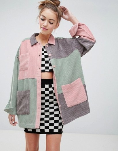 Lazy Oaf corduroy workers jacket – pink cord colour block jackets - flipped