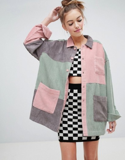 Lazy Oaf corduroy workers jacket – pink cord colour block jackets