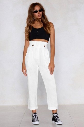 NASTY GAL Life’s a Bag Tapered Pants in white | high paperbag waist tapered trousers - flipped