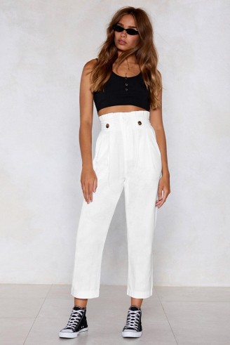 NASTY GAL Life’s a Bag Tapered Pants in white | high paperbag waist tapered trousers