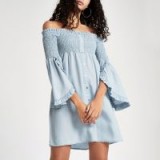 RIVER ISLAND Light blue denim shirred bardot dress – off the shoulder summer dresses