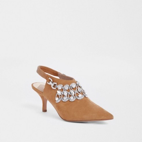 RIVER ISLAND Light brown jewel embellished pointed mules – diamante party shoes - flipped
