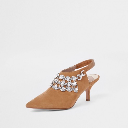 RIVER ISLAND Light brown jewel embellished pointed mules – diamante party shoes