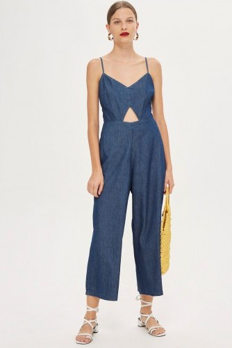 Topshop Light Denim Cut Out Jumpsuit in Blue | tie back strappy jumpsuits - flipped