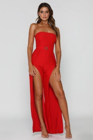 MESHKI LIVIA STRAPLESS JUMPSUIT in RED | bandeau party fashion | thigh high slits - flipped
