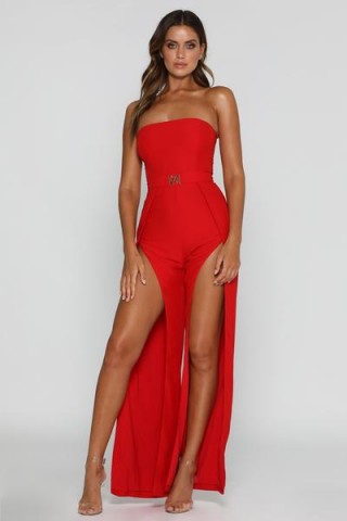 MESHKI LIVIA STRAPLESS JUMPSUIT in RED | bandeau party fashion | thigh high slits