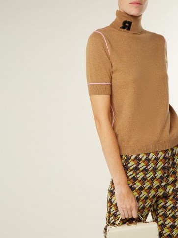 ROCHAS Logo-appliqué brown cashmere turtleneck ~ chic knitwear - flipped