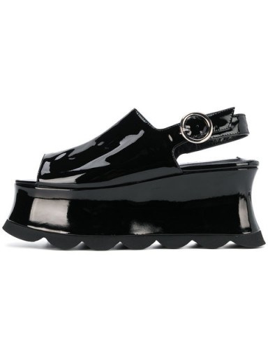MCQ ALEXANDER MCQUEEN black leather platform slingback sandals ~ high shine chunky platforms - flipped