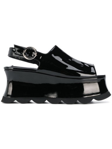MCQ ALEXANDER MCQUEEN black leather platform slingback sandals ~ high shine chunky platforms