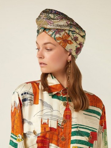 GUCCI Metallic-gold floral brocade turban hat ~ glamorous accessory - flipped