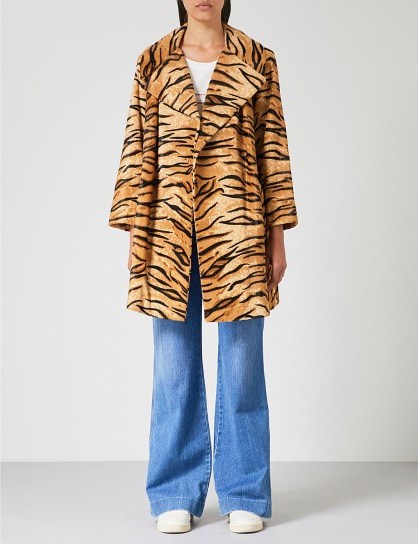 M.i.h Jeans x Bay Garnett Golborne Road Vintage tiger-print faux-fur coat in beige | autumn outerwear - flipped