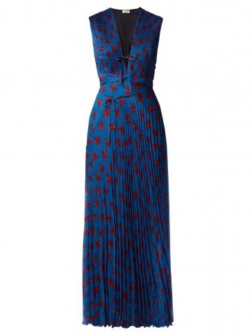RAQUEL DINIZ Mika floral-print pleated silk dress | blue plunge front maxi - flipped