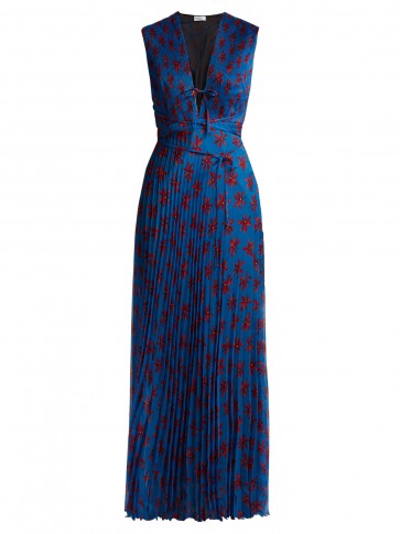 RAQUEL DINIZ Mika floral-print pleated silk dress | blue plunge front maxi