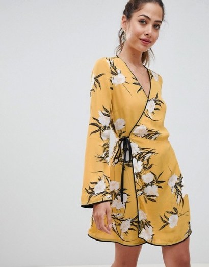 Miss Selfridge wrap tea dress with floral print in yellow | oriental inspiration - flipped