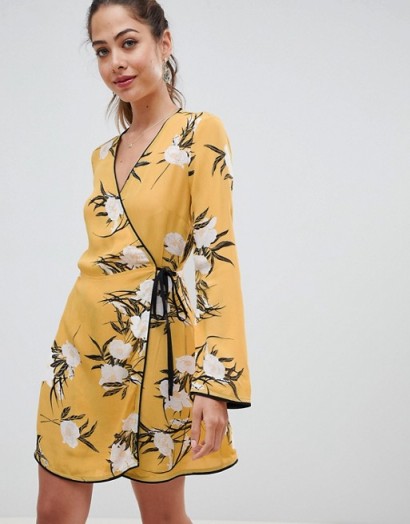Miss Selfridge wrap tea dress with floral print in yellow | oriental inspiration