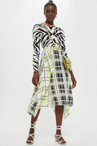 TOPSHOP Mixed Check Print Midi Skirt in Lime / clashing prints / asymmetric - flipped