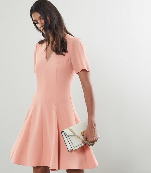 REISS NATALIA V-NECK FIT AND FLARE DRESS PALE PINK ~ luxe skater - flipped