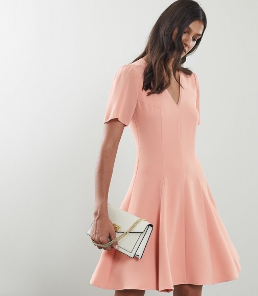 REISS NATALIA V-NECK FIT AND FLARE DRESS PALE PINK ~ luxe skater