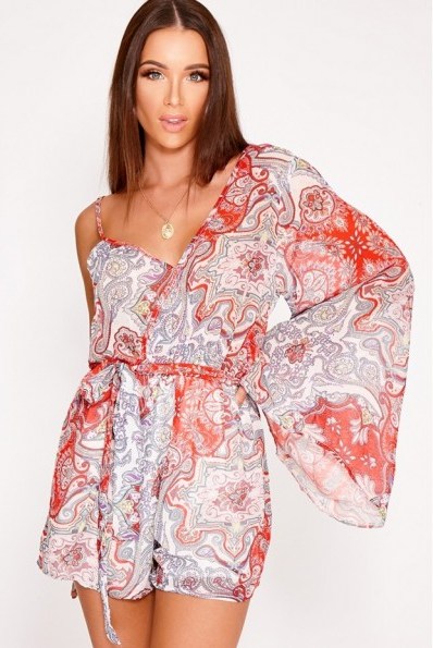 IN THE STYLE NATALIEE RED PAISLEY CHIFFON ONE SHOULDER PLAYSUIT – summer glamour - flipped