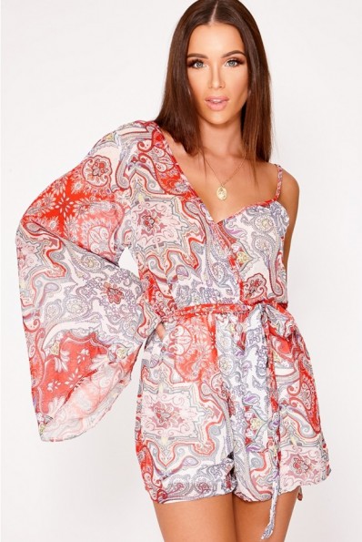 IN THE STYLE NATALIEE RED PAISLEY CHIFFON ONE SHOULDER PLAYSUIT – summer glamour