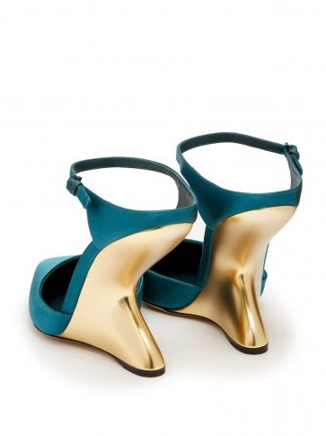 SALVATORE FERRAGAMO Naturno teal-green satin wedge mules ~ metallic-gold sculptural wedged heels - flipped
