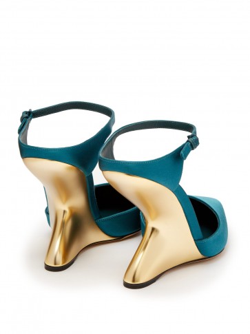SALVATORE FERRAGAMO Naturno teal-green satin wedge mules ~ metallic-gold sculptural wedged heels