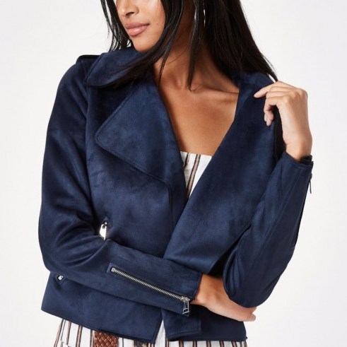 RIVER ISLAND Navy blue faux suede cropped trench jacket - flipped