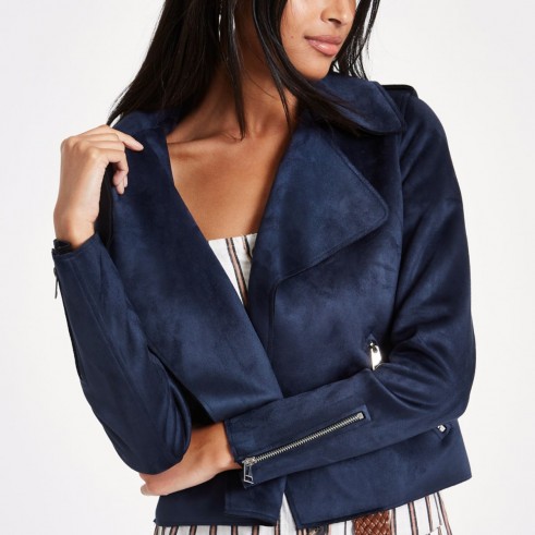 RIVER ISLAND Navy blue faux suede cropped trench jacket