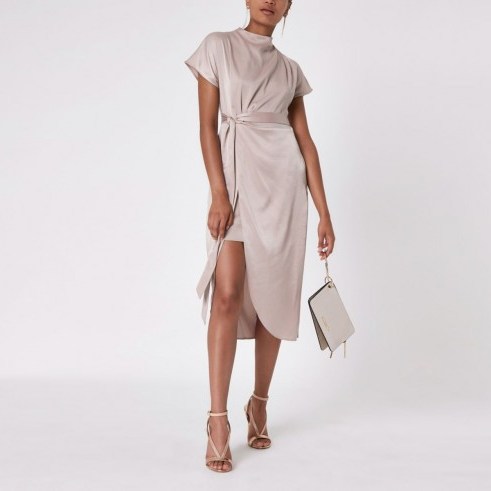 River Island Nude pink satin tie waist dress | slinky high neck party frock - flipped