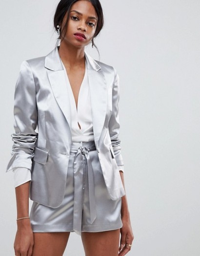 Oasis occasion tailored shimmer blazer co-ord in Silver | high shine fashion