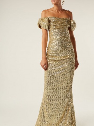 DOLCE & GABBANA Off-the-shoulder gold sequinned gown ~ statement piece ~ glamorous event wear - flipped