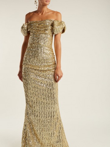 DOLCE & GABBANA Off-the-shoulder gold sequinned gown ~ statement piece ~ glamorous event wear