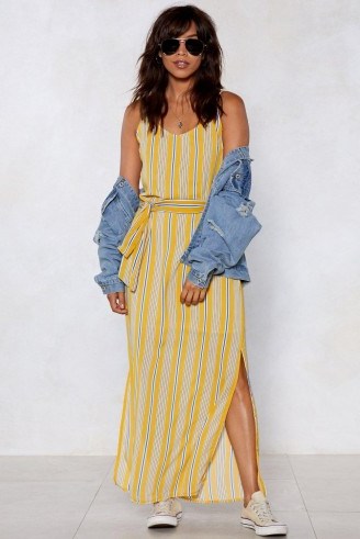 NASTY GAL On the Right Lines Striped Dress in yellow | side slit column maxi - flipped