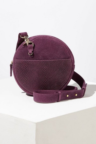 Anthropologie Pamla Snake-Effect Suede Crossbody Bag in Plum | purple circular bags