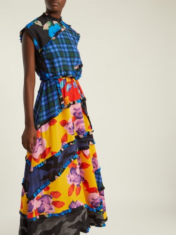 MSGM Panelled printed crepe de Chine dress ~ mixed florals and checks