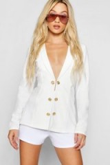 boohoo x Paris Hilton Button Detail Blazer White – celebrity style fashion