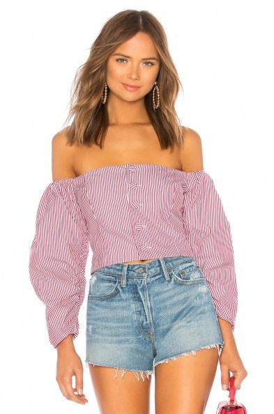 Petersyn HARLOW TOP in Claret | red striped off shoulder blouse - flipped