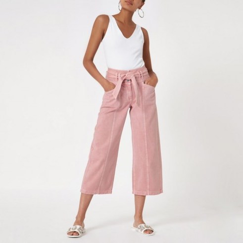 RIVER ISLAND Pink belted denim culottes – cropped wide leg jeans - flipped