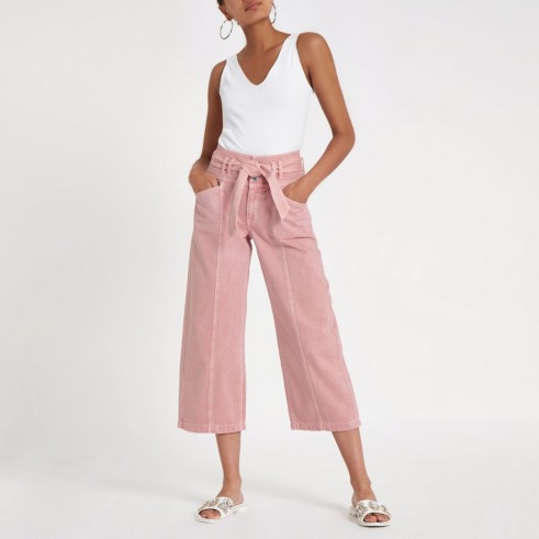 RIVER ISLAND Pink belted denim culottes – cropped wide leg jeans