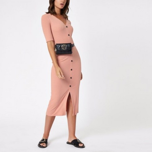 River Island Pink button short sleeve midi bodycon dress | jersey ribbed frock - flipped