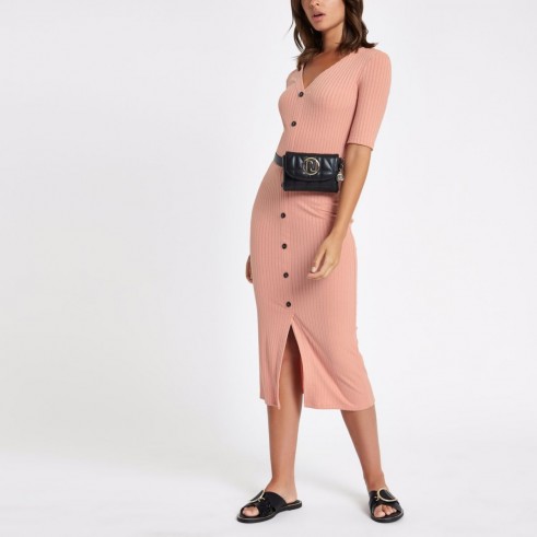 River Island Pink button short sleeve midi bodycon dress | jersey ribbed frock