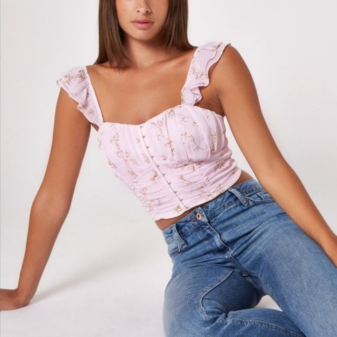 River Island Pink floral frill hook and eye bralet – ruffle strap crop top - flipped