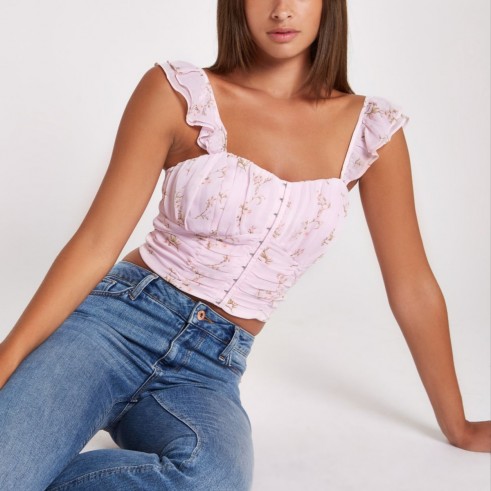 River Island Pink floral frill hook and eye bralet – ruffle strap crop top