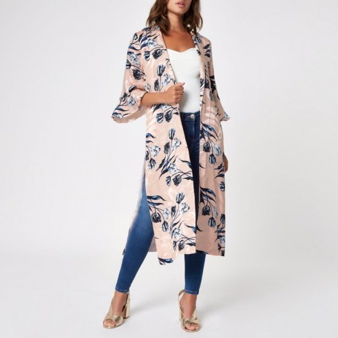 River Island Pink floral jacquard flute sleeve duster coat | long oriental inspired jacket - flipped