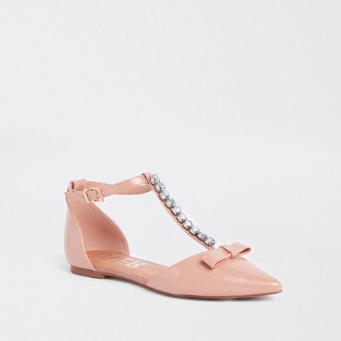 River Island Pink jewel pointed strappy shoes | patent diamante flats - flipped