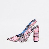 River Island Pink tartan block heel sling back court shoes – chunky checked slingbacks