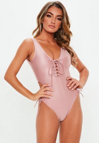MISSGUIDED pink textured lace up swimsuit ~ cut out swimwear - flipped