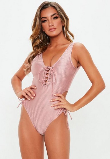 MISSGUIDED pink textured lace up swimsuit ~ cut out swimwear